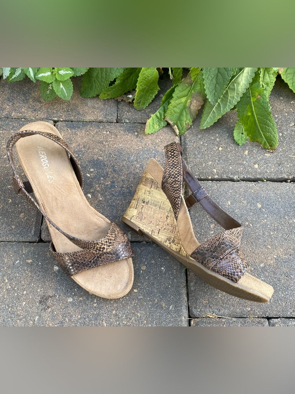 Aerosoles Plush Baby Brown Snake-Embossed Cork Wedge Sandals - Size 7M Fall Sale